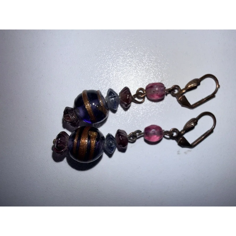 VTG Italy Wedding Cake Blue Pink Earrings Art Glass Venetian Murano Dangle Swirl